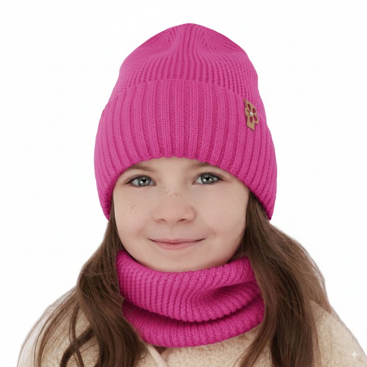 Meisjes winter set muts en buissjaal, roze, 100% Merino Wol, Nelita