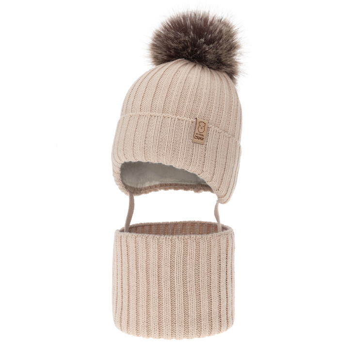 Meisjes winter set muts en buissjaal, beige, met garen pompon, Abigail