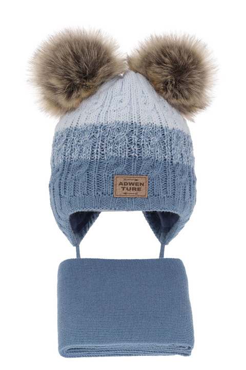 Jongens winter set muts en sjaal, blauw, met twee pompons, Platon