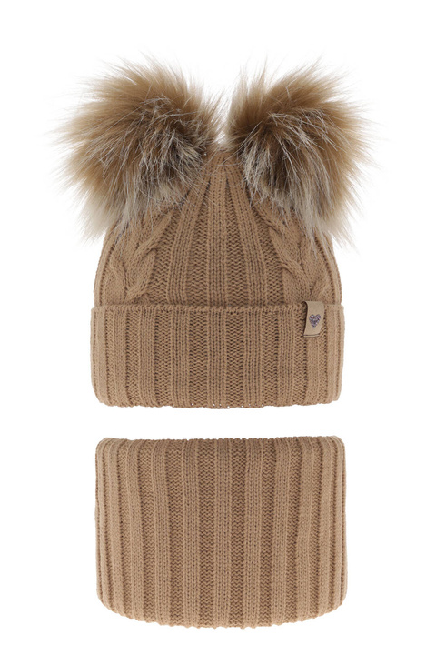 Meisjes winter set muts en buissjaal, camel, Met twee pompons (garen), Amala