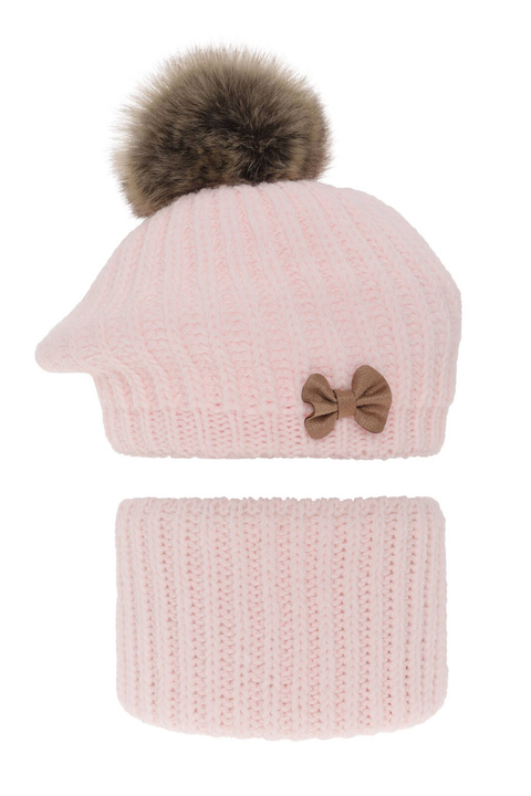 Meisjes winter set muts en buissjaal, roze, met garen pompon, Polinezja