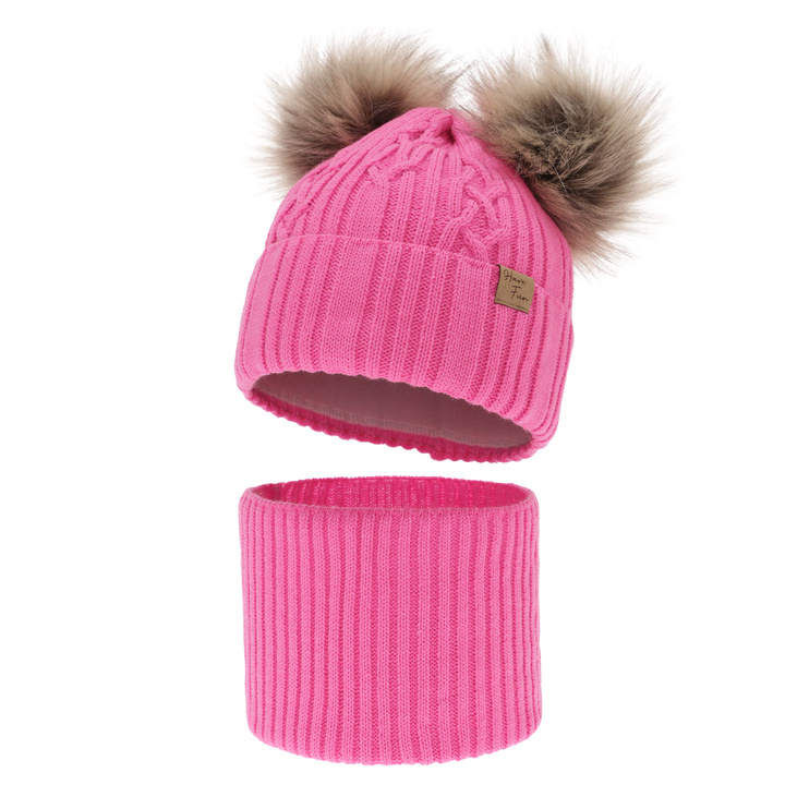 Meisjes winter set muts en buissjaal, roze, met twee pompons, Sierra