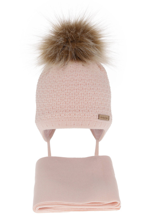 Meisjes winter set muts en sjaal, roze, met garen pompon, Clotilde