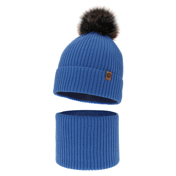 Jongens winter set muts en sjaal, blauw, met garen pompon, Wizar