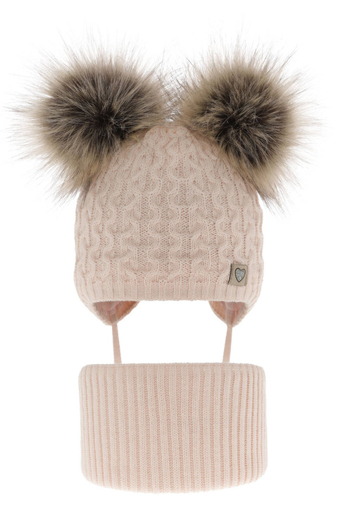 Meisjes winter set muts en buissjaal, lichtroze, met twee pompons, Poliana