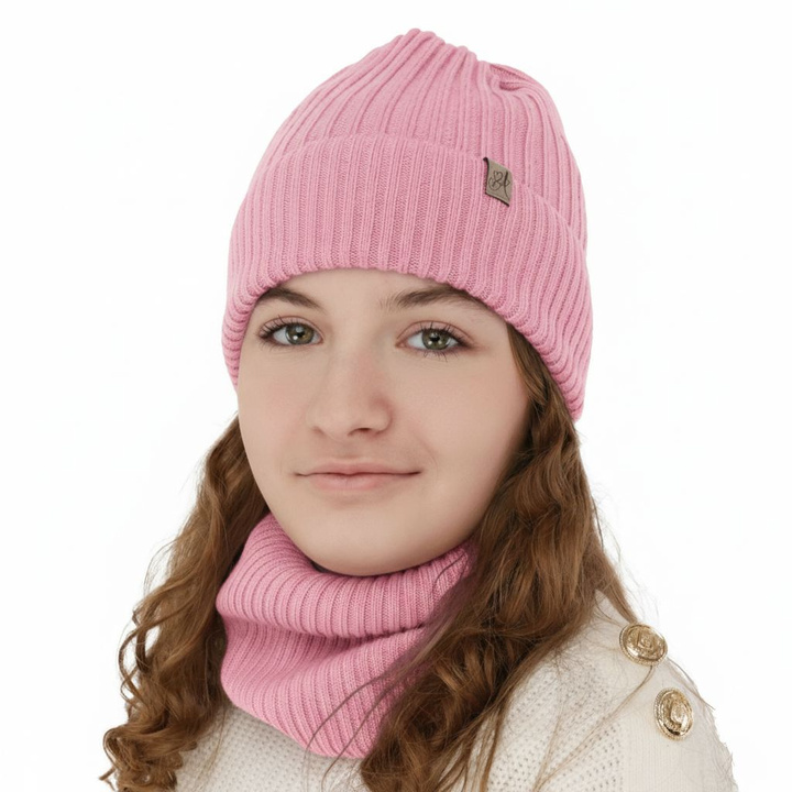 Meisjes winter set muts en buissjaal, roze, 100% Merino Wol, Patricia