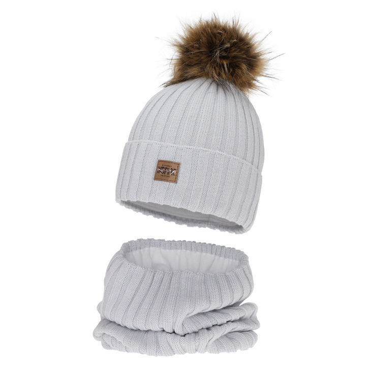 Tyttöjen talvisetti: pipo ja putkihuivi, harmaa, fleecevuorilla, merinovillalla, Bellina