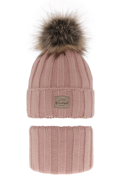 Meisjes winter set, roze, met garen pompon, Kaliope