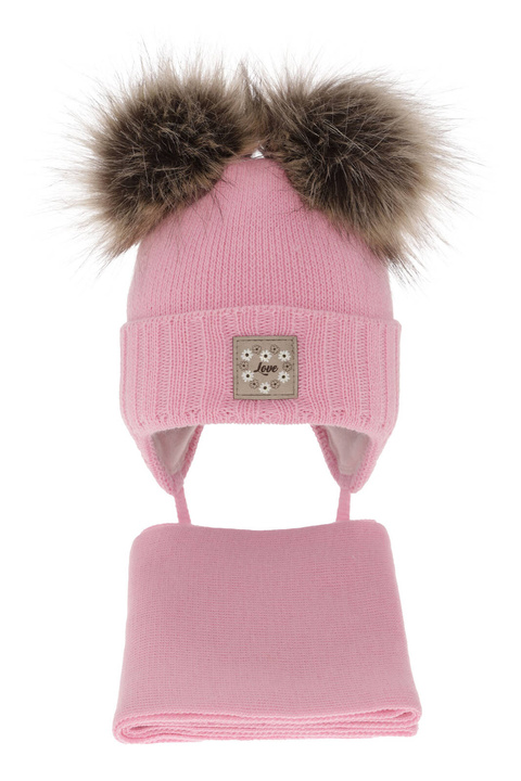 Meisjes winter set muts en sjaal, roze, met twee pompons garen, met bindkoorden, Jazz