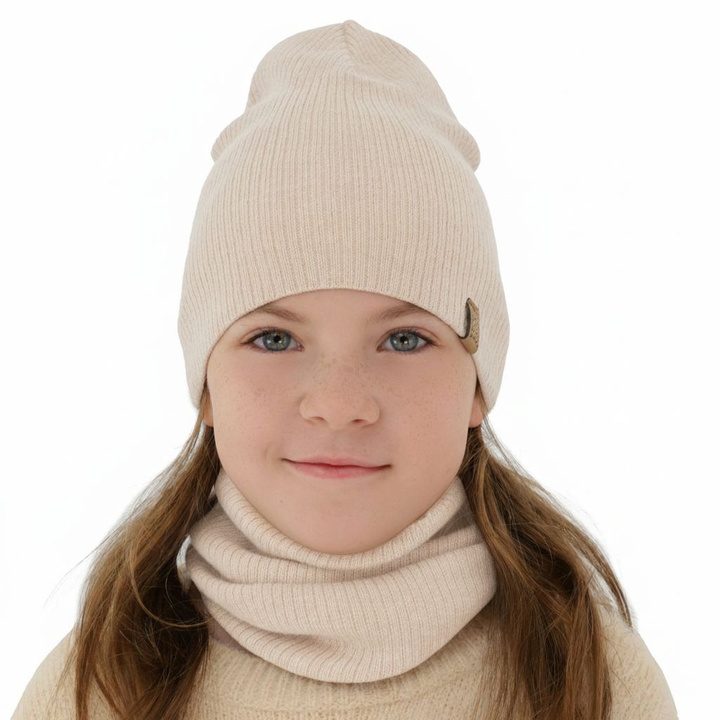 Meisjes herfst/lente set muts en buissjaal, lichtroze, 100% merino wol, Ricona