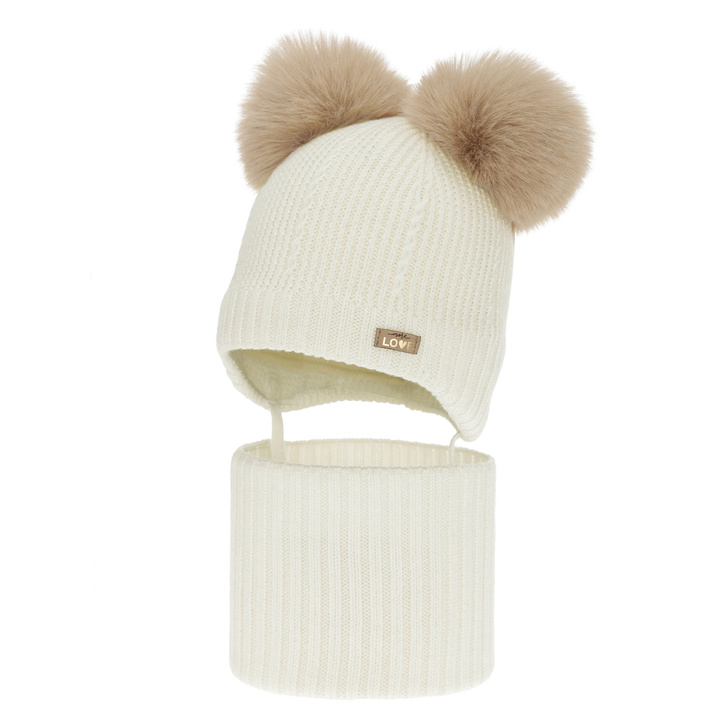 Tyttöjen pipo ja kauluri, talvi setti, kerma, 100% merinovillaa, vuorattu villafleeceellä, Lumia