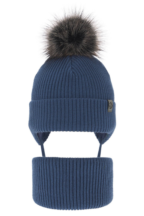 Jongens winter set muts en buissjaal, blauw, met garen pompon, Honed
