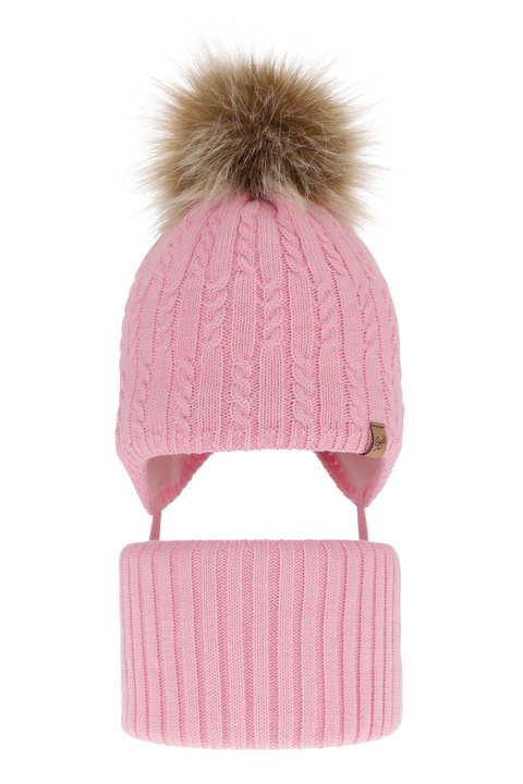 Meisjes winter set muts en buissjaal, roze, met garen pompon, Loreley