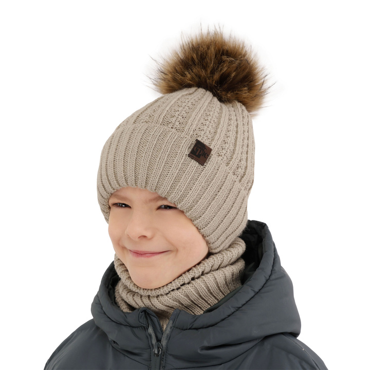 Jongens winter set, beige, met garen pompon, Lars