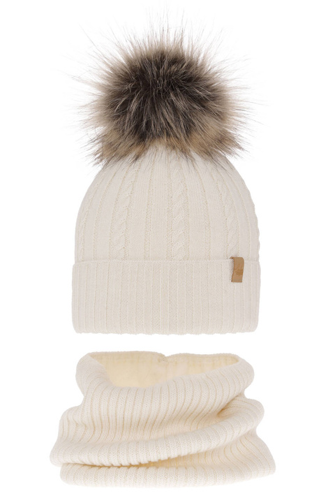 Meisjes winter set muts en buissjaal, kremowy, met merinowol, Mirabel