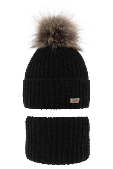 Meisjes winter set muts en buissjaal, zwart, met garen pompon, Willow