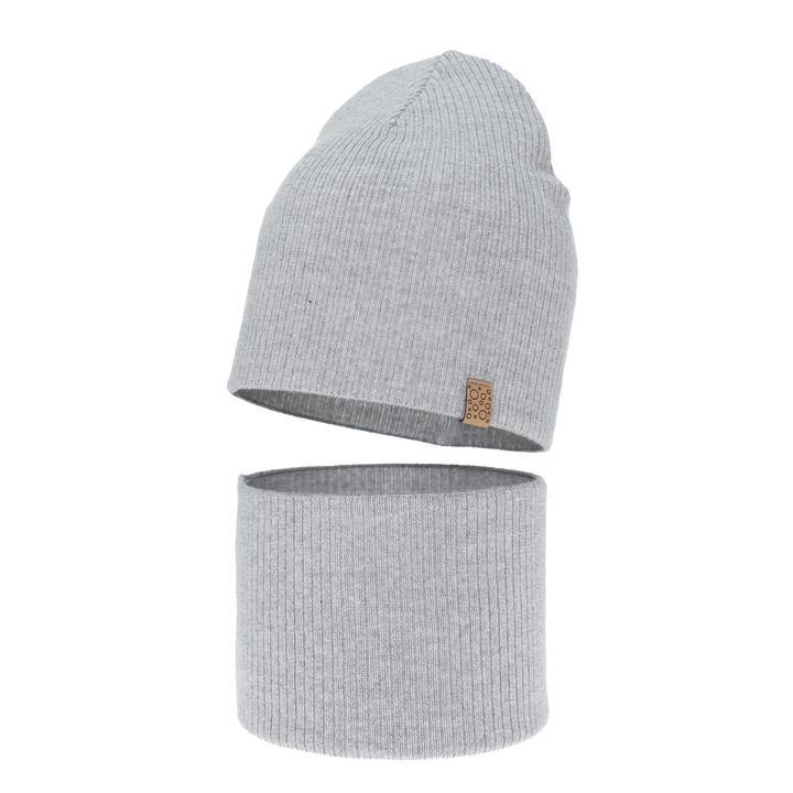 Meisjes herfst/lente set muts en buissjaal, grijs, 100% Merino Wol, Ricona