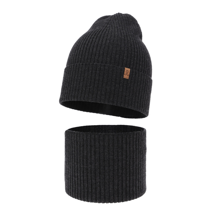 Jongens herfst/lente set muts en buissjaal, donkergrijs, 100% Merino Wol, Lemas