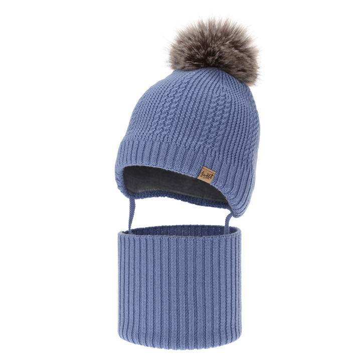 Poikien pipo ja kauluri, talvi setti, sininen, 100% merinovillaa, vuorattu villafleeceellä, sidottava Danny