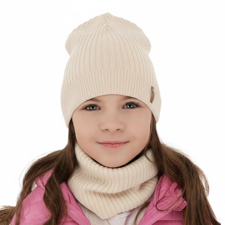 Meisjes herfst/lente set muts en buissjaal, lichtroze, 100% Merino Wol, Chelsie