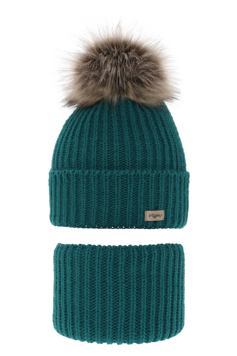 Meisjes winter set muts en buissjaal, smaragd, met garen pompon, Willow