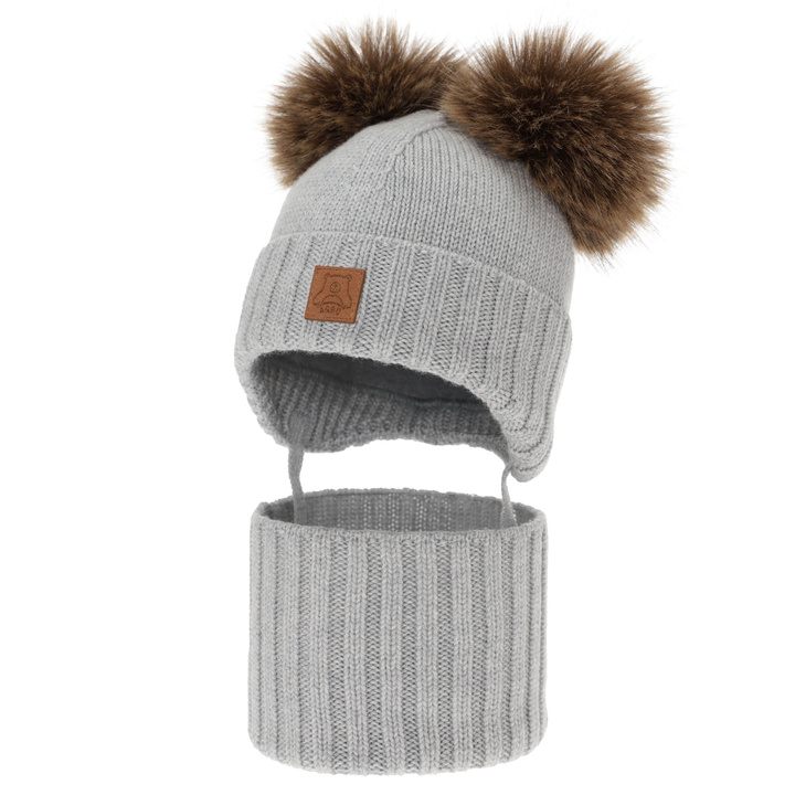 Poikien pipo ja kauluri, talvi setti, harmaa, 100% merinovillaa, vuorattu villafleeceellä, Ronik