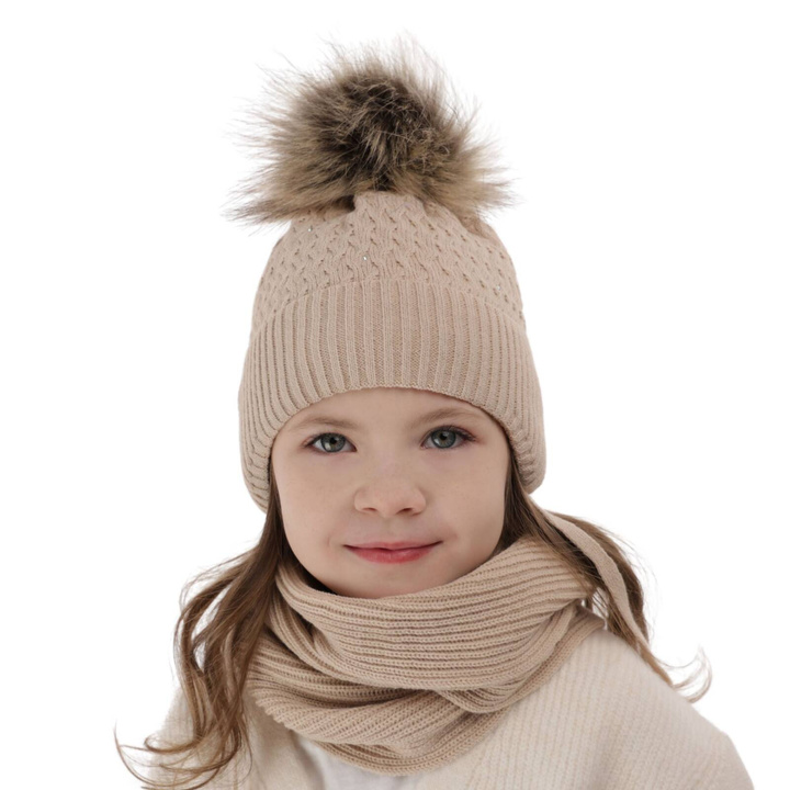 Meisjes winter set muts en sjaal, beige, met garen pompon, met bindkoorden, Zelta