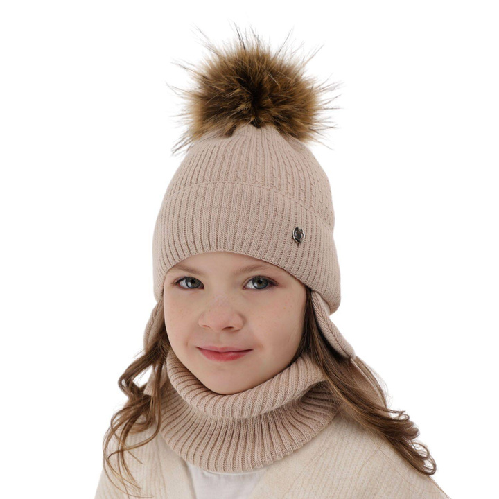 Meisjes winter set muts en buissjaal, beige, met garen pompon, Debra