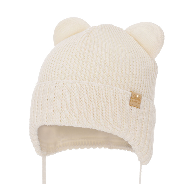 Meisjes wintermuts, creme, met bindkoorden, met merinowol, Shira