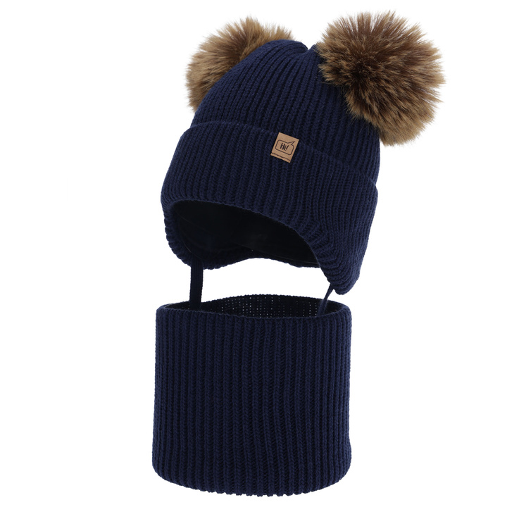 Poikien talvisetti: pipo ja putkihuivi, tummansininen, kaksi tupsua, Zorven