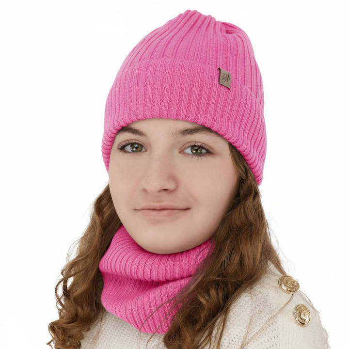 Meisjes winter set muts en buissjaal, roze, 100% Merino Wol, Patricia