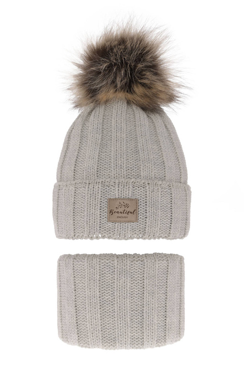 Meisjes winter set, grijs, met garen pompon, Kaliope