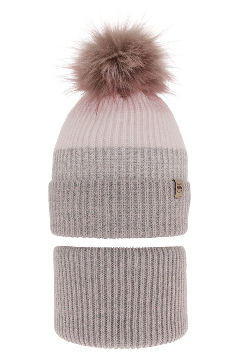 Meisjes winter set muts en buissjaal, grijs, met garen pompon, Gimena
