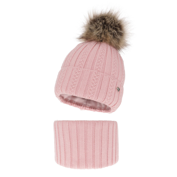 Meisjes winter set muts en buissjaal, roze, met garen pompon, Wirginia