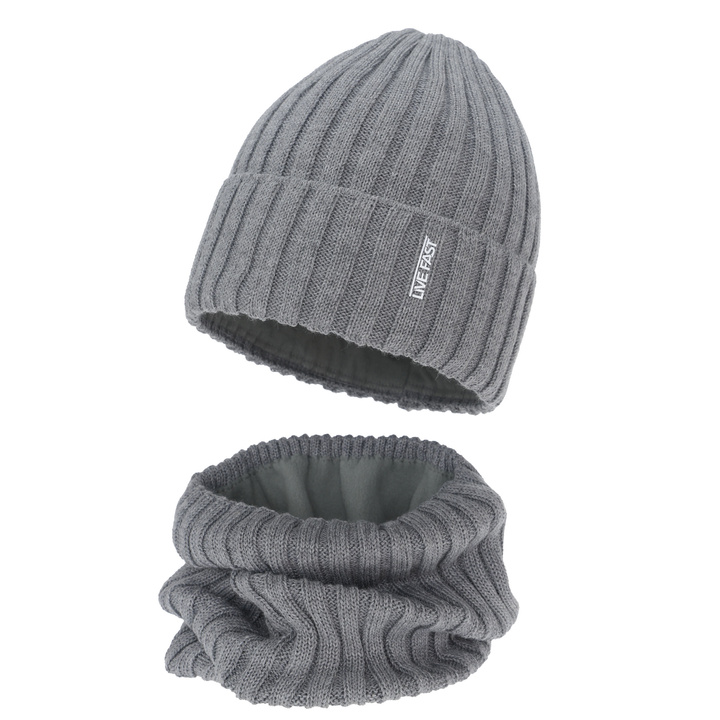 Poikien talvisetti: pipo ja putkihuivi, talvi, beżowy, merinovillalla, podszyty polarem, Banasko