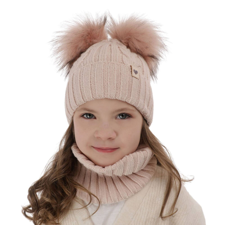Meisjes winter set muts en buissjaal, roze, met twee pompons, Amala