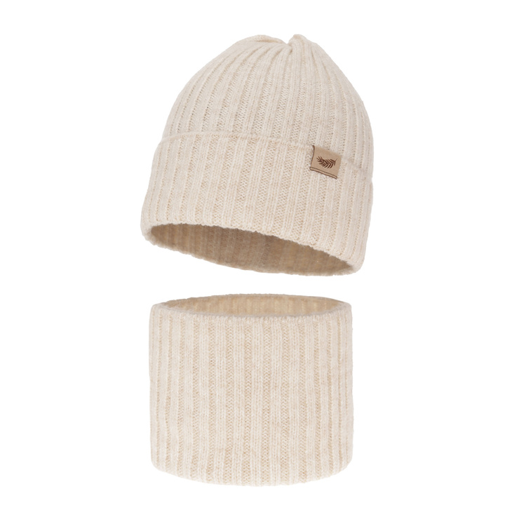 Meisjes winter set muts en buissjaal, beige, met merinowol, Karmina