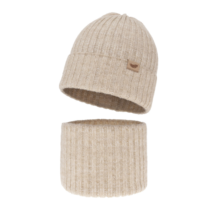 Meisjes winter set muts en buissjaal, beige, met merinowol, Karmina