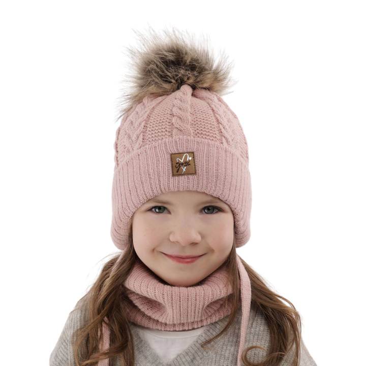 Meisjes winter set, roze, met bindkoorden, met garen pompon, Finess