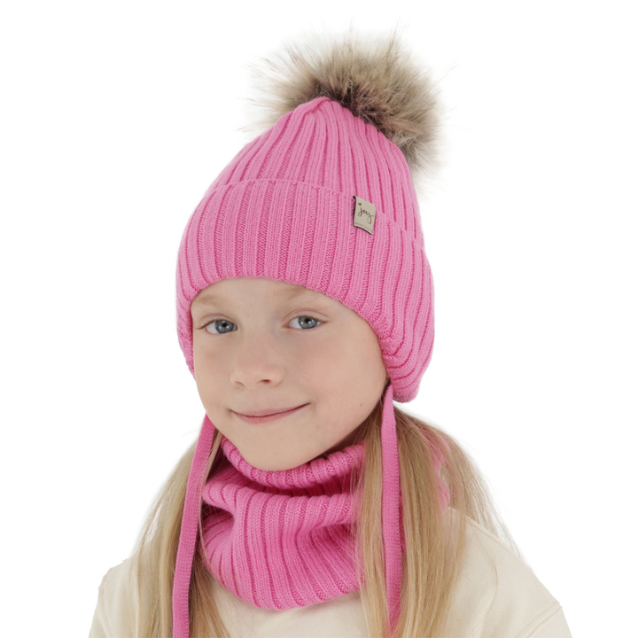Meisjes winter set muts en buissjaal, roze, 100% Merino Wol, met bindkoorden, Junika