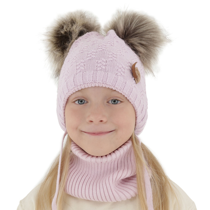 Meisjes winter set muts en buissjaal, lila, met twee pompons garen, met bindkoorden, Bettina