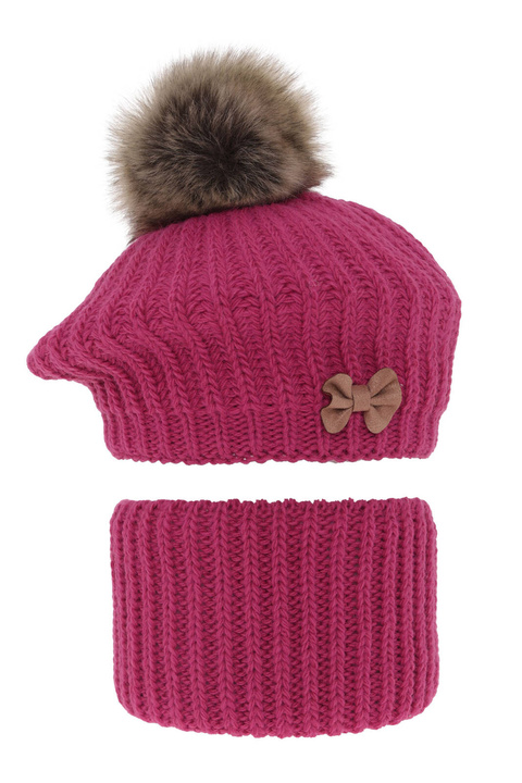 Meisjes winter set muts en buissjaal, roze, met garen pompon, Polinezja