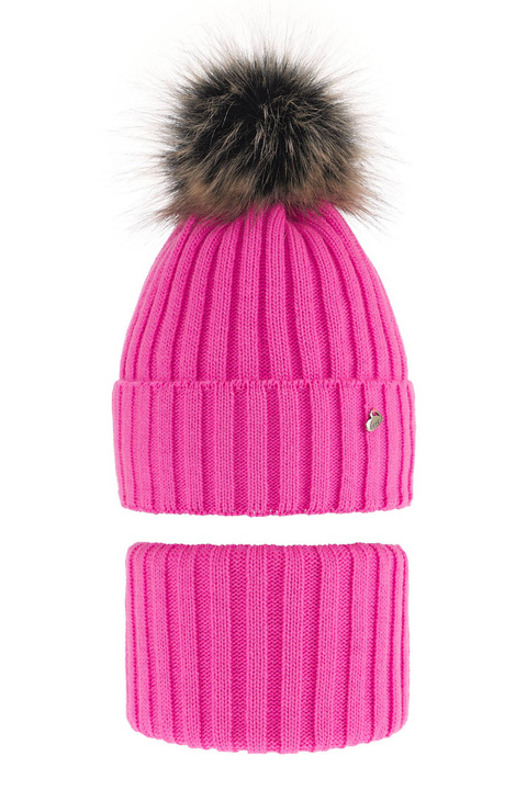 Meisjes winter set muts en sjaal, roze, met garen pompon, Wilma