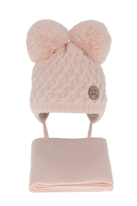 Meisjes winter set muts en sjaal, lichtroze, met twee pompons garen, met bindkoorden, Anava