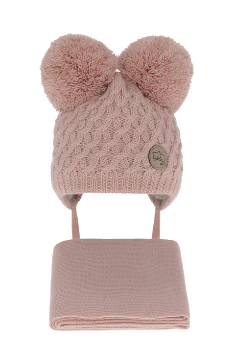 Meisjes winter set muts en sjaal, roze, met twee pompons garen, met bindkoorden, Anava
