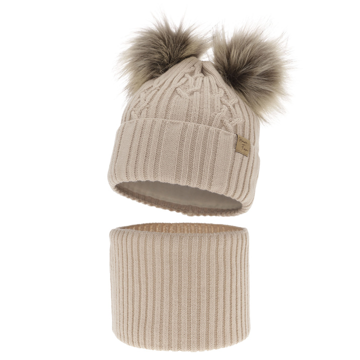 Meisjes winter set, beige, met twee pompons (garen), Sierra