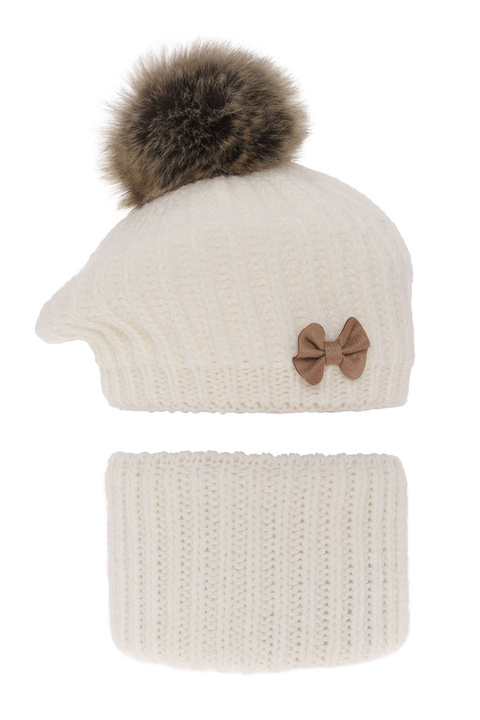Meisjes winter set muts en buissjaal, kremowy, met garen pompon, Beret i komin dla dziewczynki zimowy komplet Polinezja