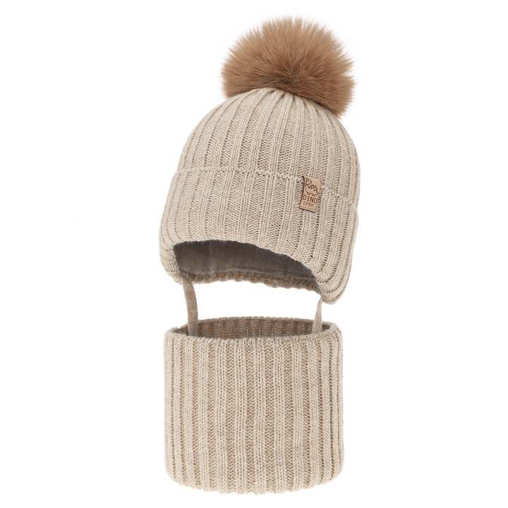 Jongens winter set, beige, met garen pompon, Bagil