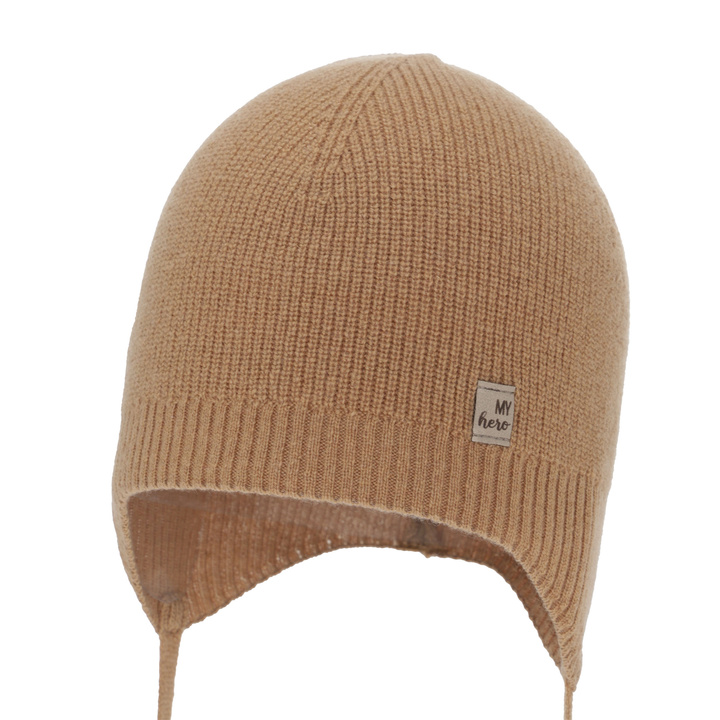 Poikien syys/kevät pipo, camel, merinovillalla ja kashmirnlla, nauhoilla, Tono