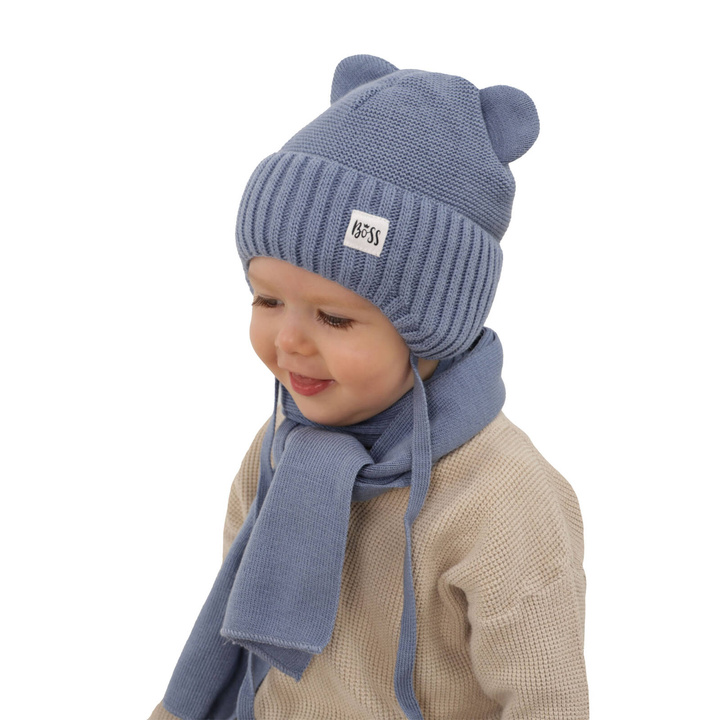 Jongens winter set muts en sjaal, blauw, met bindkoorden, Luciano